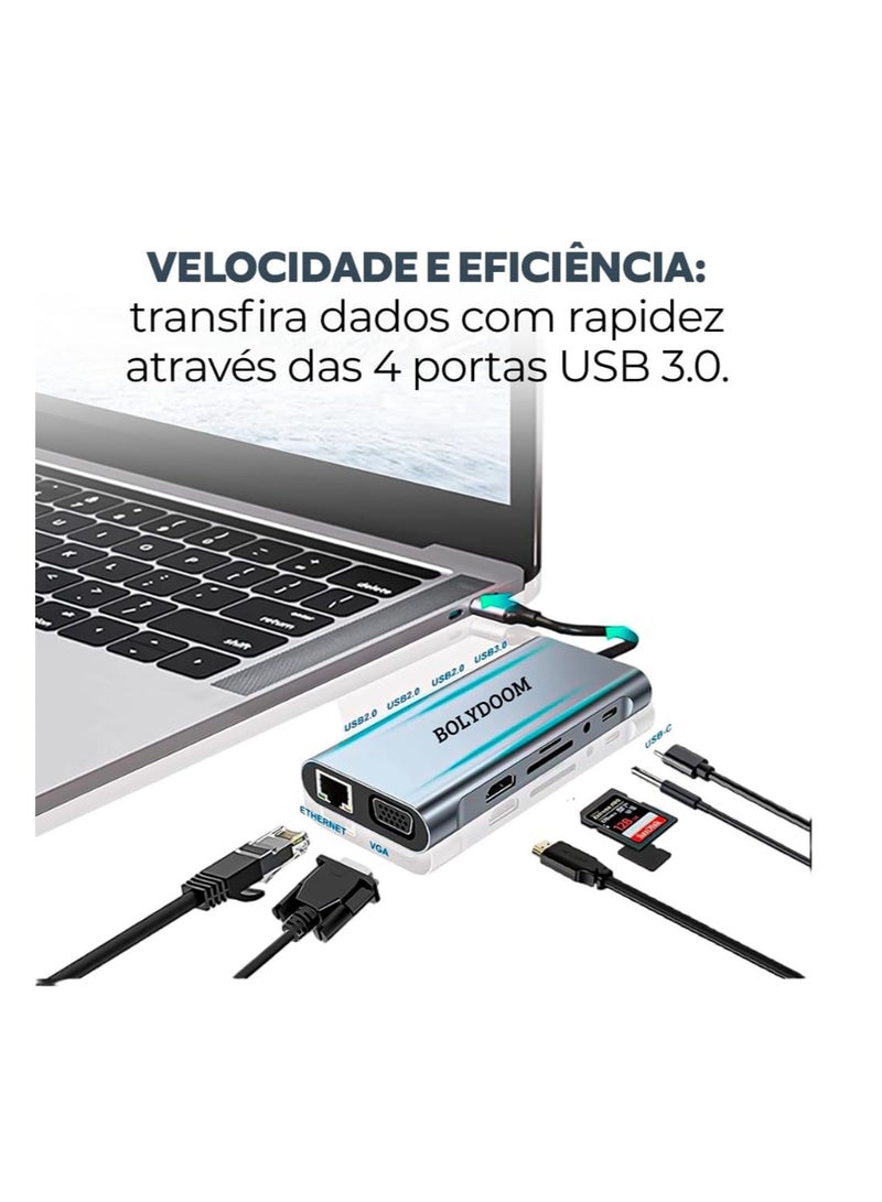 بولي محول موزع USB Type C 3.0 11 في 1 - محول USB متعدد المنافذ مع RJ45 HDMI Ethernet USB 3.0 VGA P2 - متوافق مع MacBook Pro / Air و Windows - BOLYDOOM - Image 4