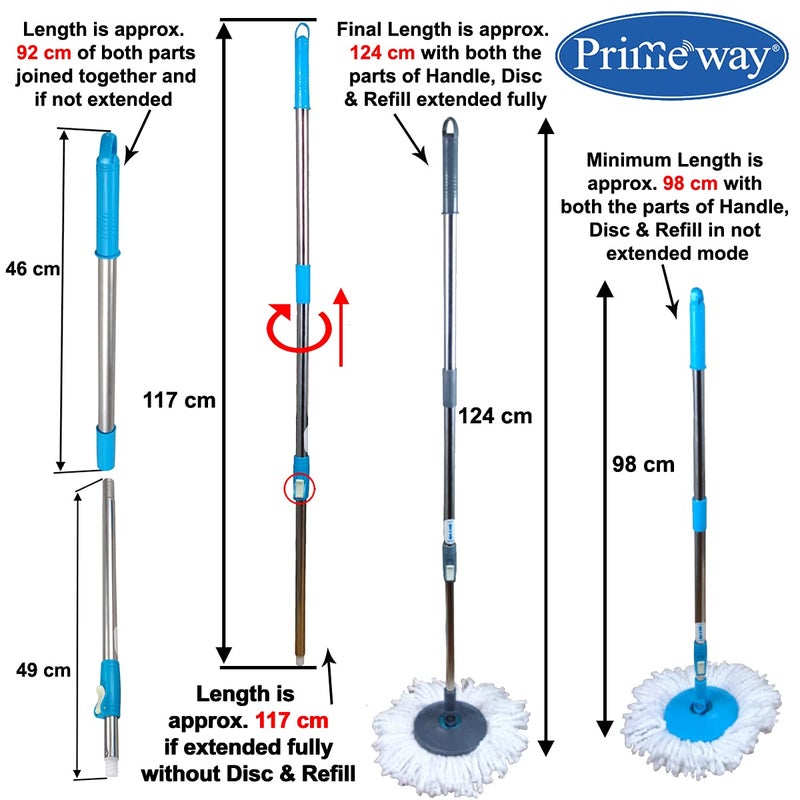 Primeway SS Rotating Spin Mop 124cm Handle Rod Stick Set with Disc and 2 Microfibre Mop Head Refills 124cm Blue - Image 4