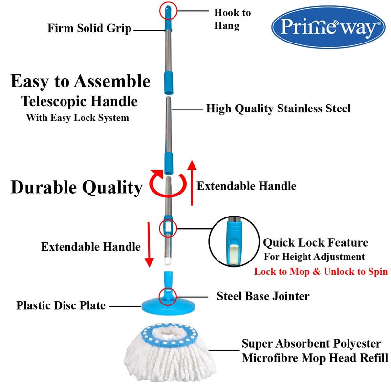 Primeway SS Rotating Spin Mop 124cm Handle Rod Stick Set with Disc and 2 Microfibre Mop Head Refills 124cm Blue - Image 2