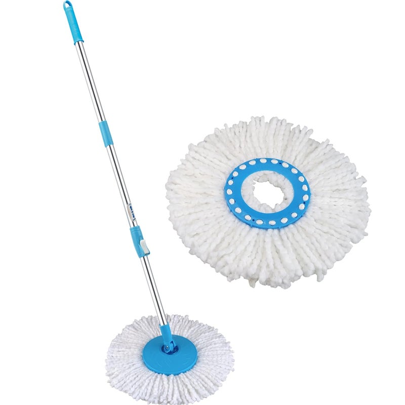 Primeway SS Rotating Spin Mop 124cm Handle Rod Stick Set with Disc and 2 Microfibre Mop Head Refills 124cm Blue - Image 1