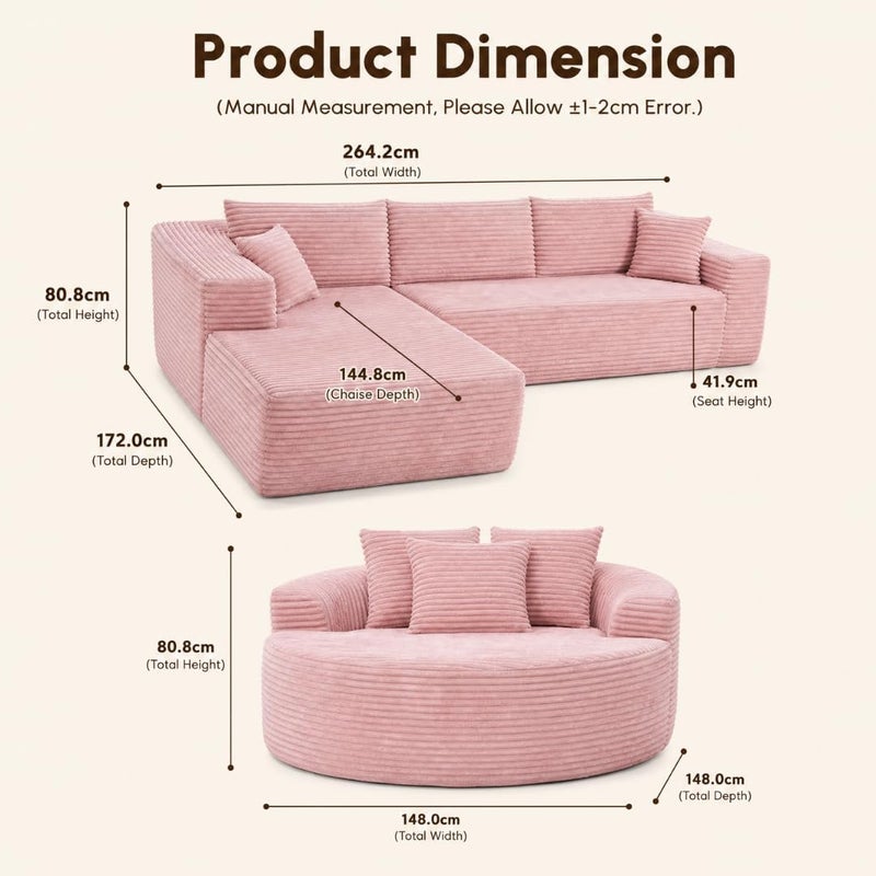 Modern 3-Piece Sectional Sofa Set with Loveseat and Round Chaise Lounge Chair, Plush Corduroy Upholstered L-Shape Couch for Living Room (Pink, Left Hand Facing) - Image 2