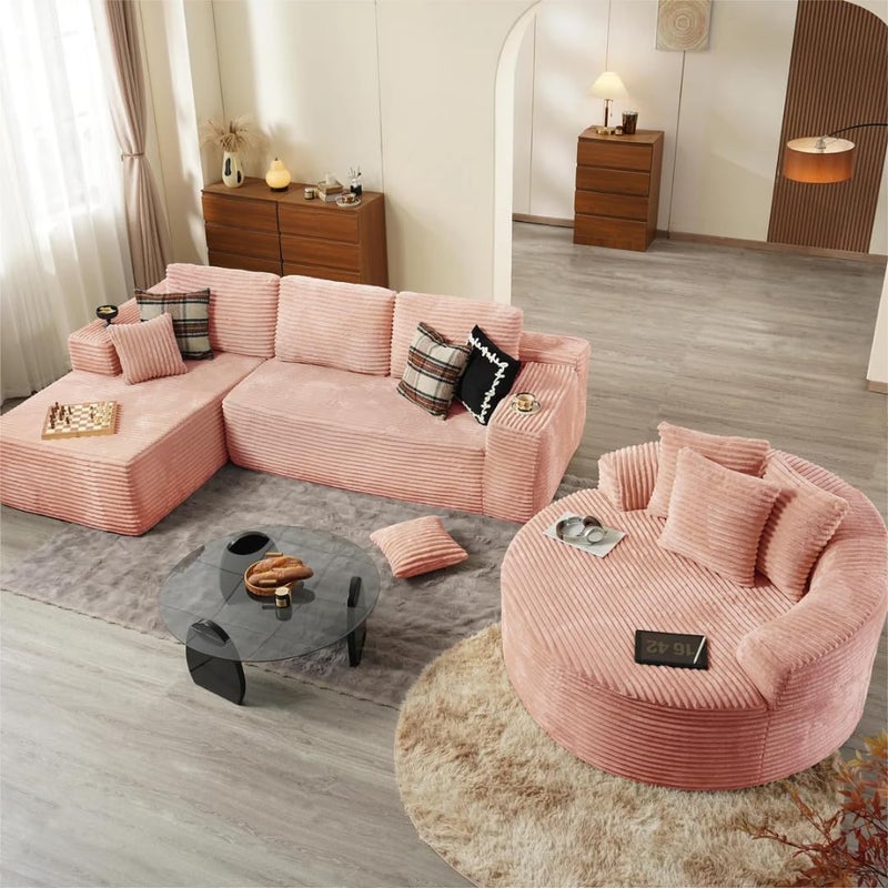 Modern 3-Piece Sectional Sofa Set with Loveseat and Round Chaise Lounge Chair, Plush Corduroy Upholstered L-Shape Couch for Living Room (Pink, Left Hand Facing) - Image 1