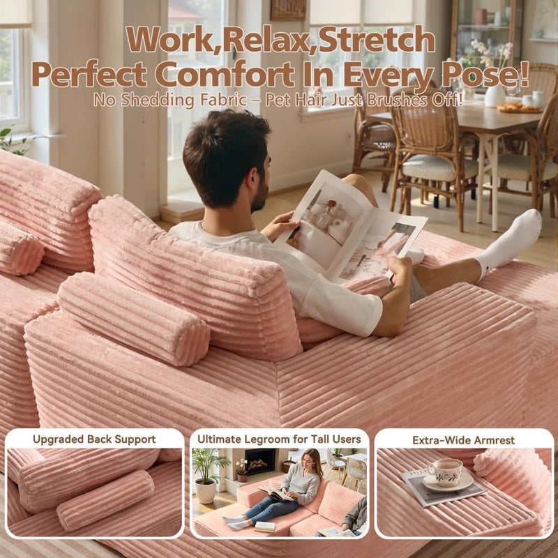 Modern 3-Piece Sectional Sofa Set with Loveseat and Round Chaise Lounge Chair, Plush Corduroy Upholstered L-Shape Couch for Living Room (Pink, Left Hand Facing) - Image 4