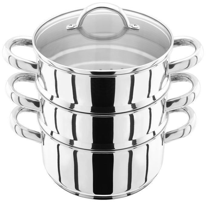 STAINLESS STEEL 3 TIER STEAMER SET WITH 18CM 1L CASSEROLE 2 STEAMERS AND LID INDUCTION READY GIFT BOXED 25 YEAR GUARANTEE