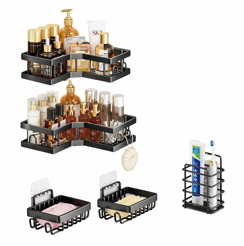 O2. 5 Pack Shower Caddy, Self-Adhesive Bathroom Organizer Shelves, No Drilling, Large Capacity, Rustproof Stainless Steel Bathroom Shelf Organizer, Shower Shelves for Inside Shower Black - Image 2