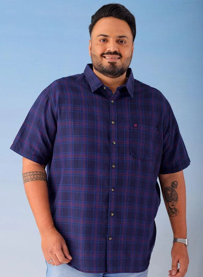 Men Plus Size Regular Fit Checkered Cutaway Collar Half Sleeves Casual Shirt