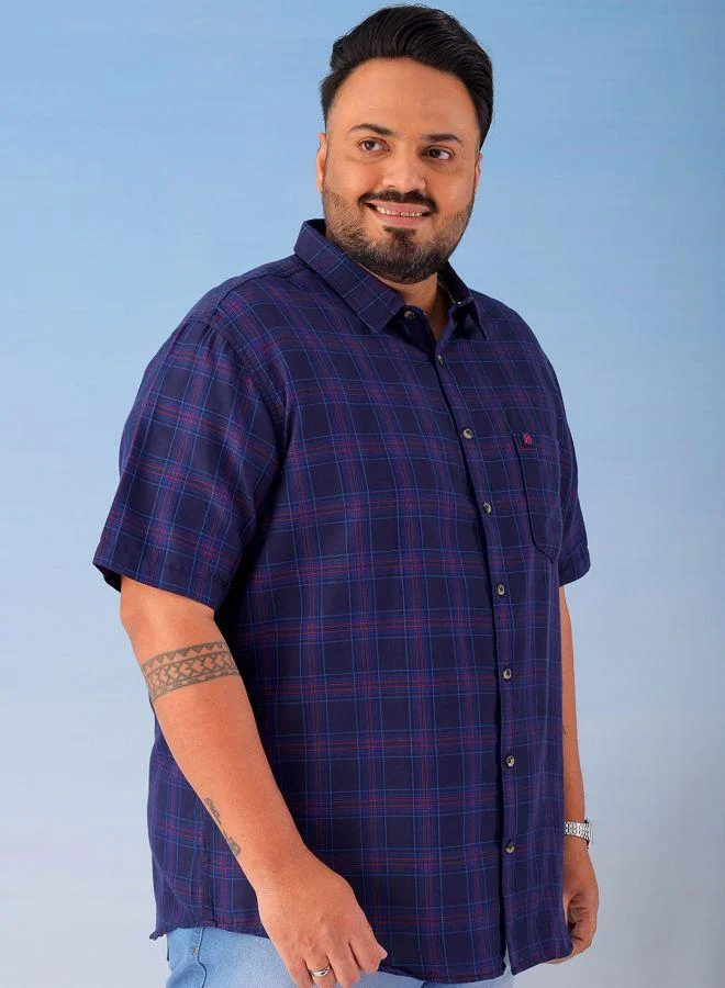 HARDSODA Men Plus Size Regular Fit Checkered Cutaway Collar Half Sleeves Casual Shirt