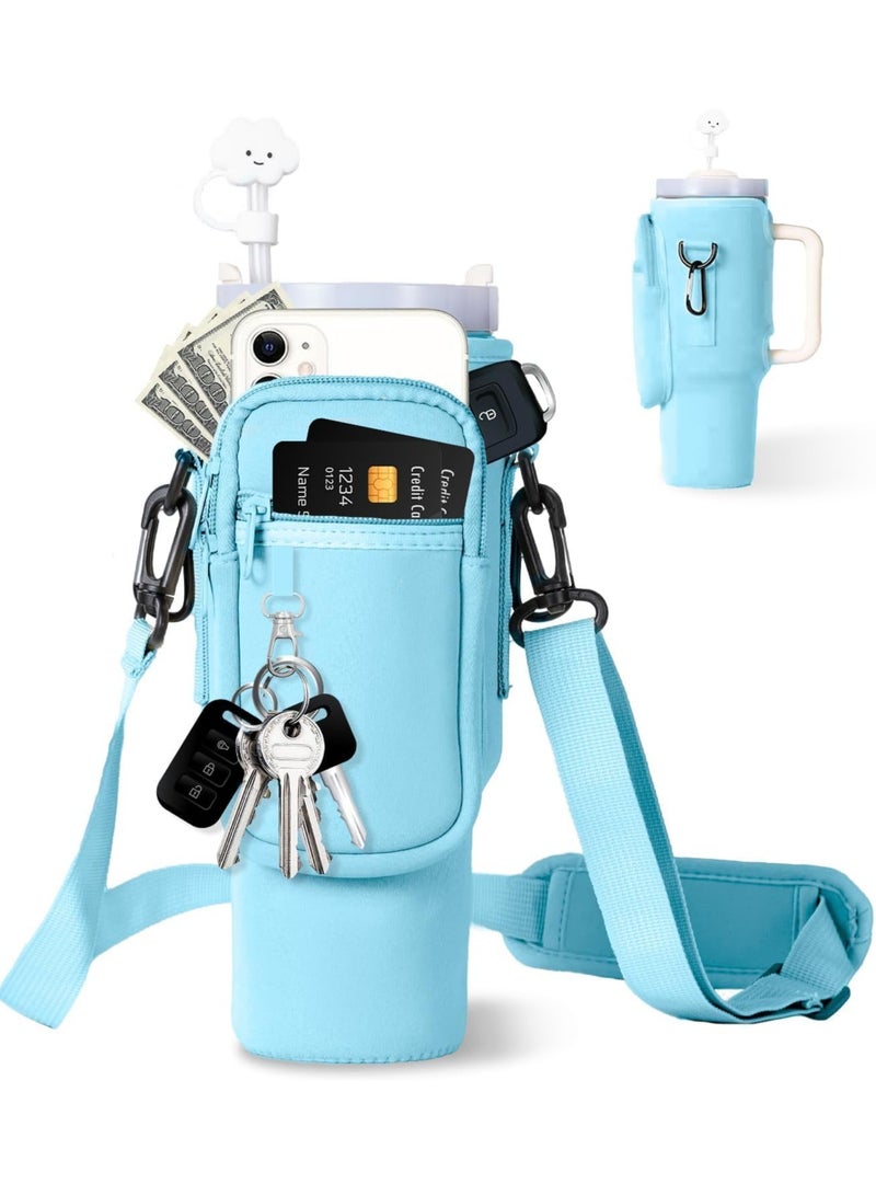 Mmmon Water Bottle Carrier Bag with Phone Pocket for 40/30 oz Tumbler Neoprene Water Bottle Holder Pouch with Adjustable Strap Bollus with Straw Cover Carabiner for Cup Accessories(Blue) - Image 1