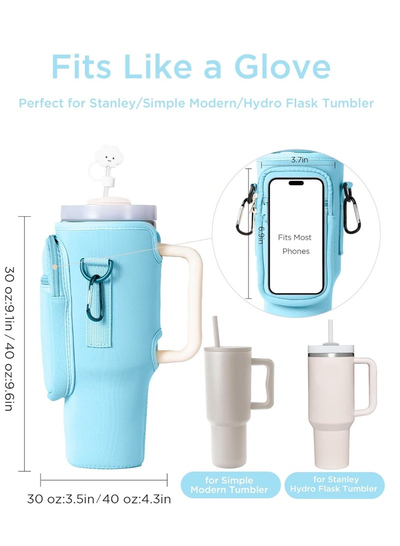 Mmmon Water Bottle Carrier Bag with Phone Pocket for 40/30 oz Tumbler Neoprene Water Bottle Holder Pouch with Adjustable Strap Bollus with Straw Cover Carabiner for Cup Accessories(Blue) - Image 2