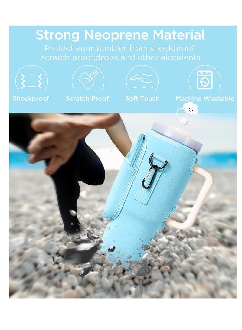 Mmmon Water Bottle Carrier Bag with Phone Pocket for 40/30 oz Tumbler Neoprene Water Bottle Holder Pouch with Adjustable Strap Bollus with Straw Cover Carabiner for Cup Accessories(Blue) - Image 3