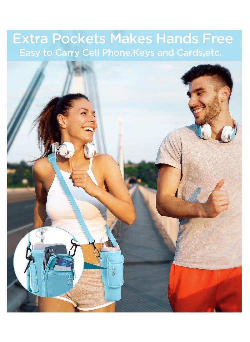 Mmmon Water Bottle Carrier Bag with Phone Pocket for 40/30 oz Tumbler Neoprene Water Bottle Holder Pouch with Adjustable Strap Bollus with Straw Cover Carabiner for Cup Accessories(Blue) - Image 4