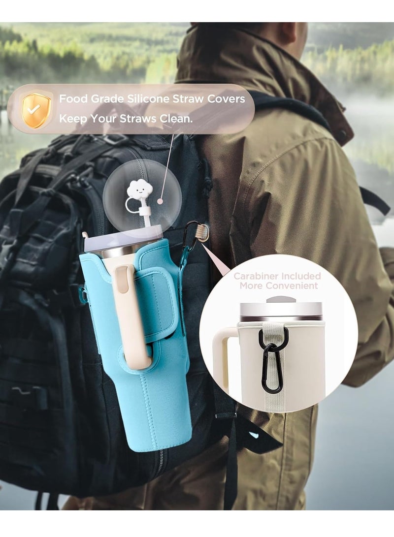 Mmmon Water Bottle Carrier Bag with Phone Pocket for 40/30 oz Tumbler Neoprene Water Bottle Holder Pouch with Adjustable Strap Bollus with Straw Cover Carabiner for Cup Accessories(Blue) - Image 5