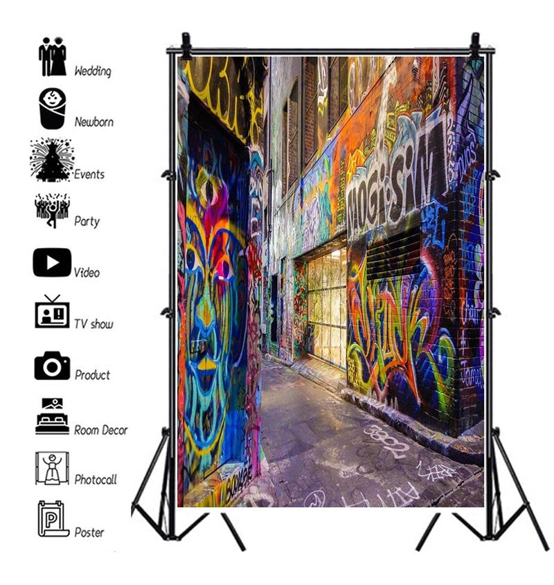 AOFOTO 5x7ft Graffiti Street Art Photography Background Grunge Colorful Alley Backdrop Fashion Party Decor Punk Music Rock Vocal Concert Hip Hop Stylish Trendy Portrait Photo Studio Props Wallpaper - Image 3