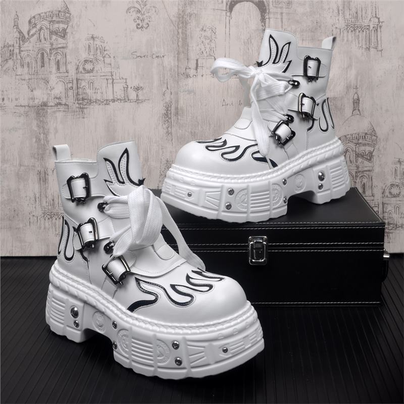Trendy Men'S Leather Boots Thick-Soled Martin Boots Men'S Buff Handsome Hong Kong-Style Medium-Directional Cowboy Boots Youth White Short Boots - Image 1
