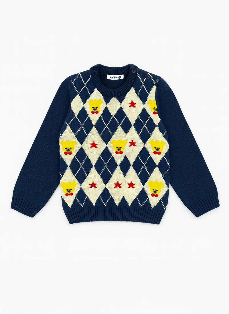 Nautinati Nautinati Navy Blue and White Argyle Design Flat-knit Sweater for Boys