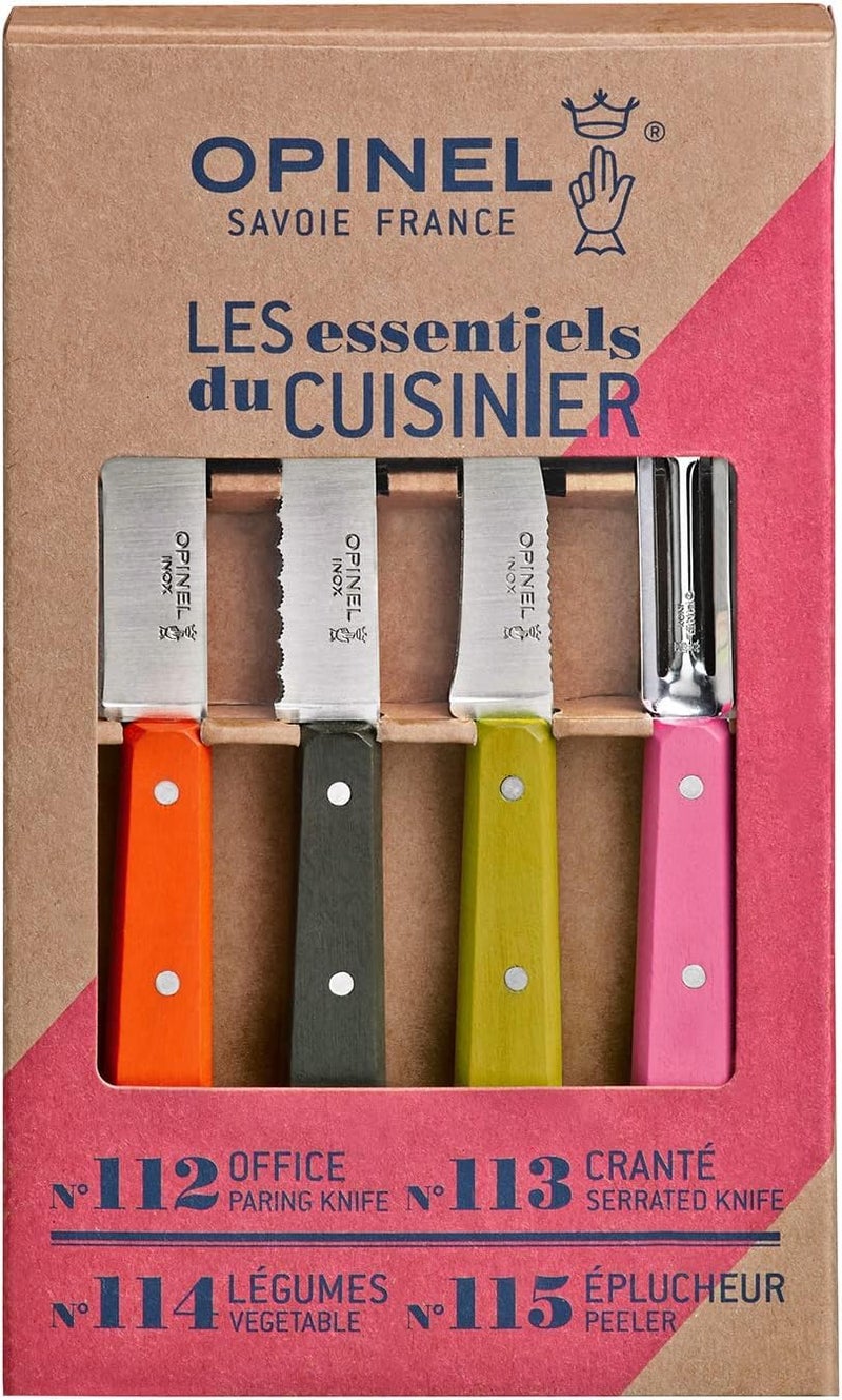 Opinel Les Essentials Small Kitchen 4 Piece Knife Set - Paring Knife, Serrated Knife, Peeler, Vegetable Knife, Corrosion Resistant High Carbon Steel, Made in France (50s) - Image 2