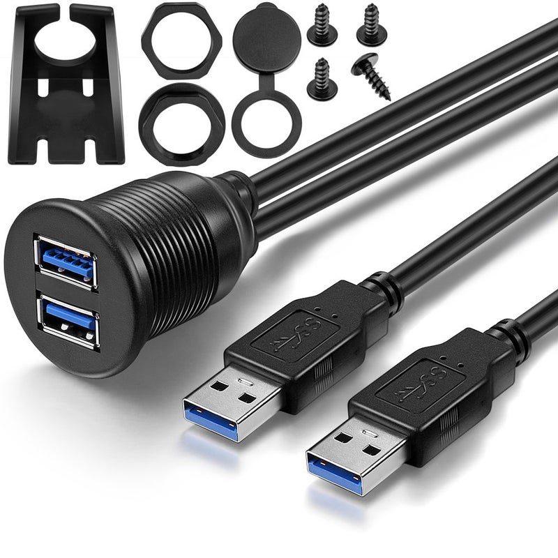 Generic OBSTORM 2 Ports Dual USB 3.0 Male to USB 3.0 Female AUX Flush Mount Car Mount Extension Cable for Car Truck Boat Motorcycle Dashboard Panel (1 Meter)  - Image 1