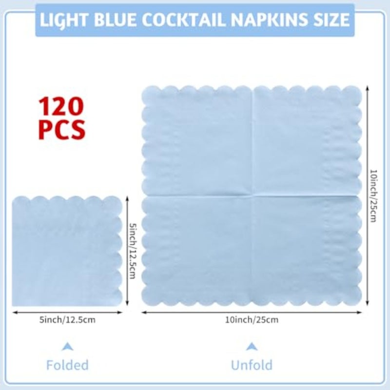 120 Pcs Cocktail Napkins Napkins Boy Baby Shower Napkin Disposable Scalloped Blue Beverage Dessert Napkin for Coastal party, Birthday, Bridal Shower, Bachelorette, 5 x 5 Inch - Image 2