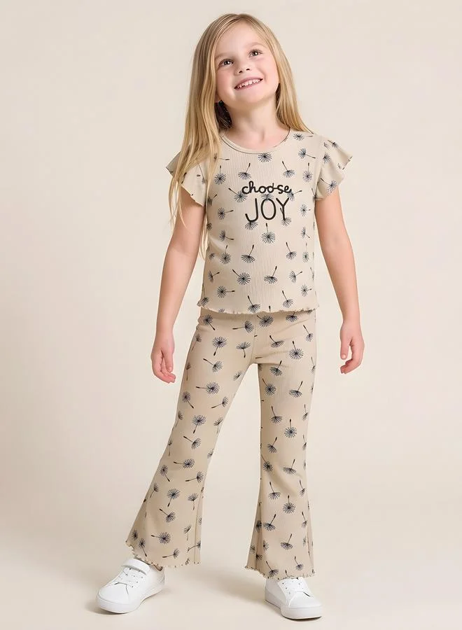 Take Two  Girls Beige Ribbed Ruffle Top and Flare Pants Set By Juniorloom for Women | Best Price UAE