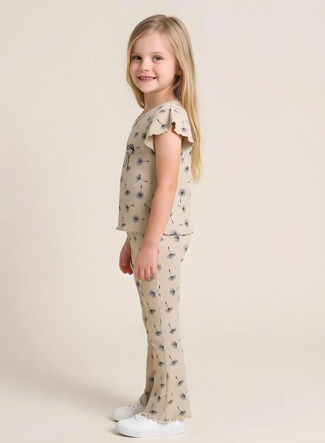 Take Two Girls Beige Ribbed Ruffle Top and Flare Pants Set By Juniorloom