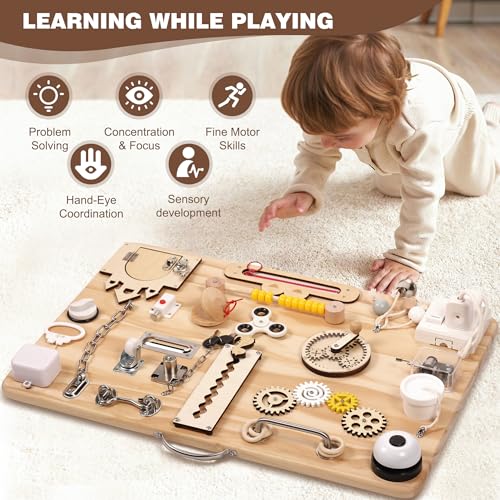 Pithfor Wooden Montessori Busy Board for Toddlers Montessori Sensory Activity Board Toys for Baby Kids for Fine Motor Skills Autism ADHD - Image 5