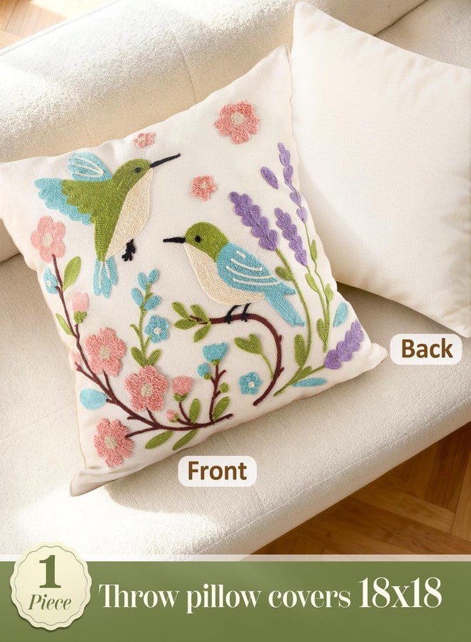 Kokaaee Spring Pillow Cover 18x18 Inch - Embroidered Summer Throw Pillow Cover Flowers Birds Farmhouse Decorative Cushion Case with Hidden Zipper Decoration for Couch, Sofa, Living Room(1 Pack) - Image 4