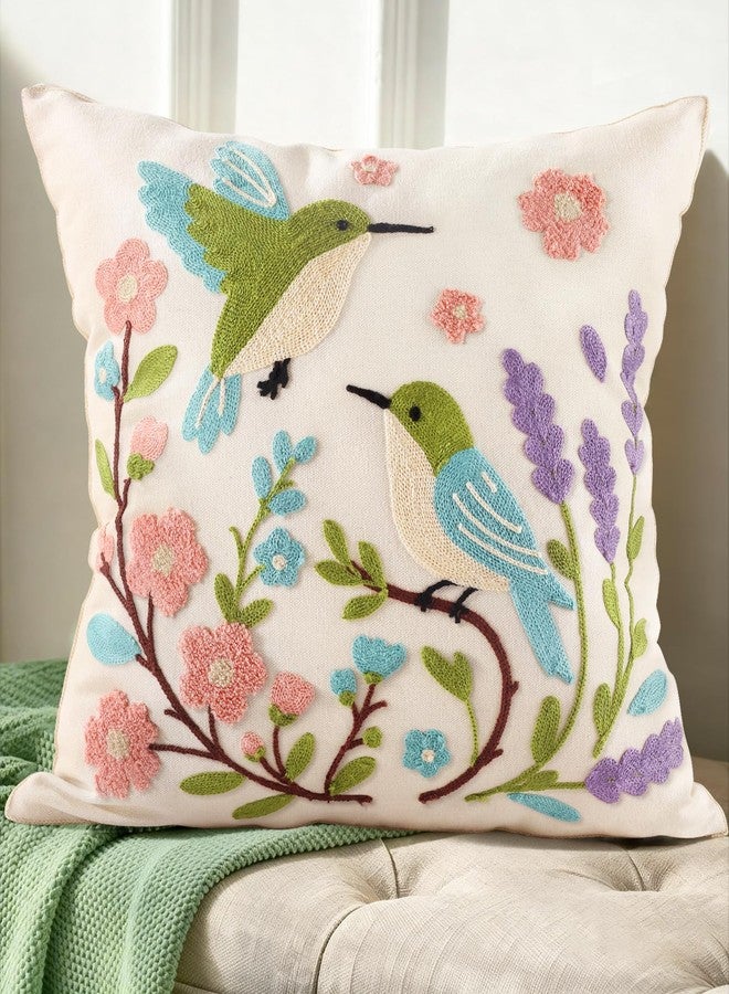 Kokaaee Spring Pillow Cover 18x18 Inch - Embroidered Summer Throw Pillow Cover Flowers Birds Farmhouse Decorative Cushion Case with Hidden Zipper Decoration for Couch, Sofa, Living Room(1 Pack) - Image 1