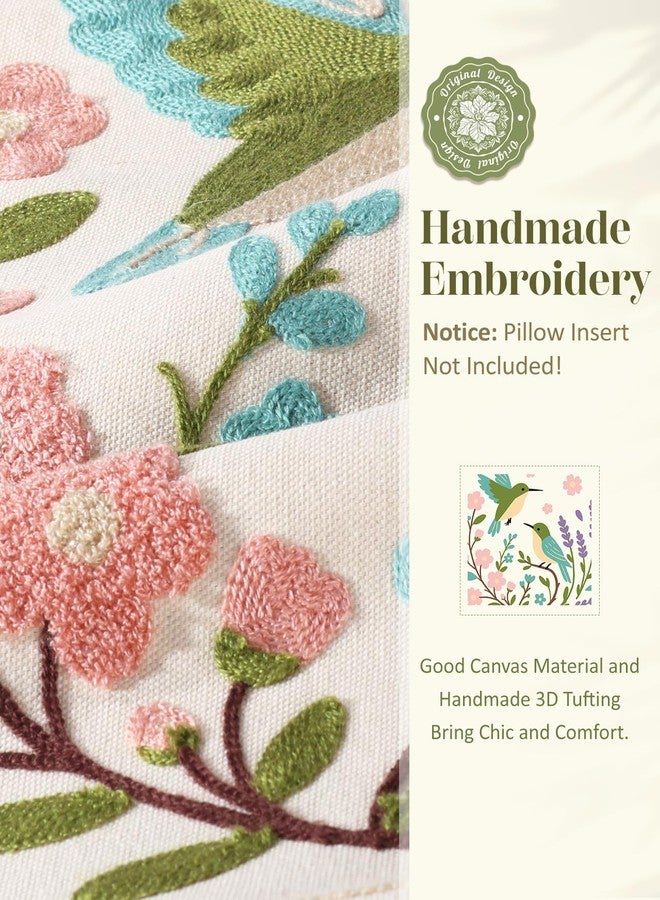 Kokaaee Spring Pillow Cover 18x18 Inch - Embroidered Summer Throw Pillow Cover Flowers Birds Farmhouse Decorative Cushion Case with Hidden Zipper Decoration for Couch, Sofa, Living Room(1 Pack) - Image 2