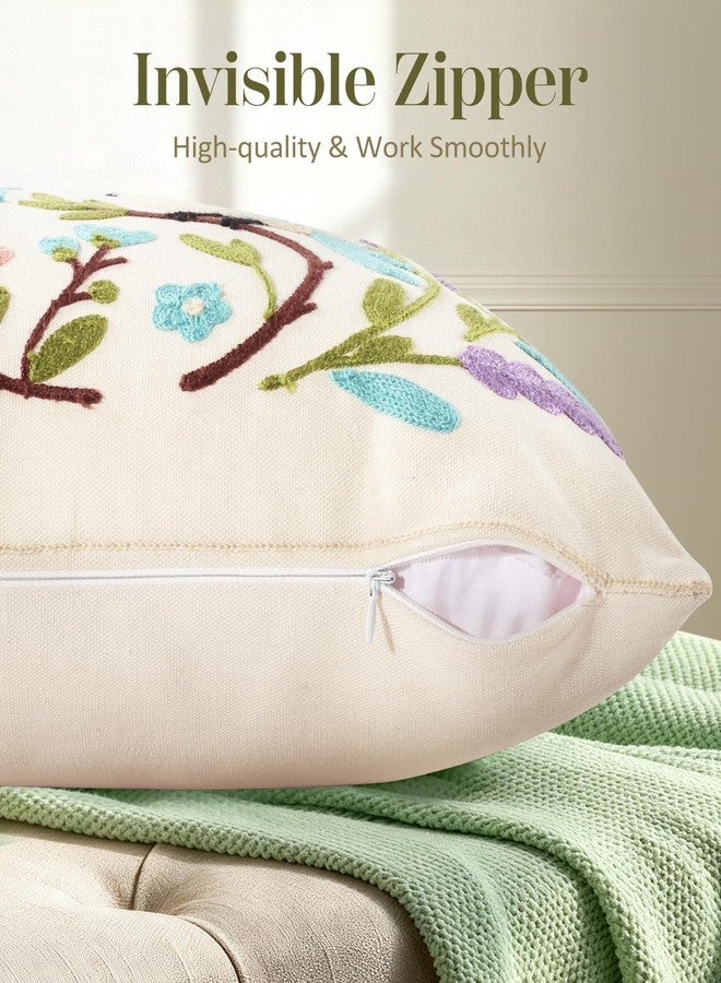 Kokaaee Spring Pillow Cover 18x18 Inch - Embroidered Summer Throw Pillow Cover Flowers Birds Farmhouse Decorative Cushion Case with Hidden Zipper Decoration for Couch, Sofa, Living Room(1 Pack) - Image 3