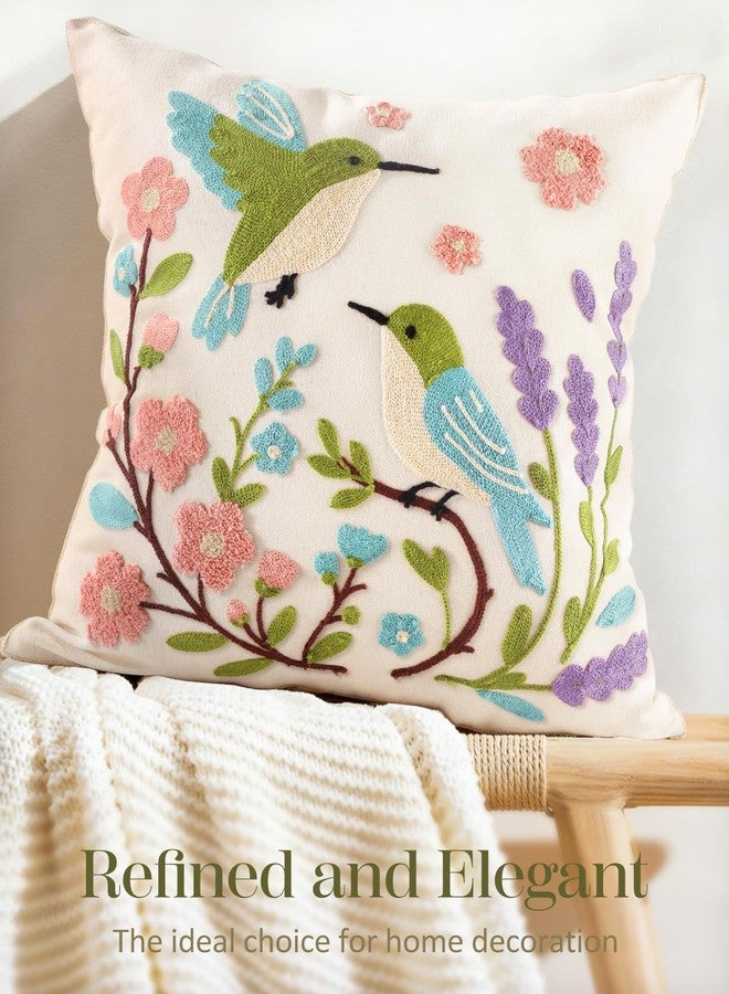 Kokaaee Spring Pillow Cover 18x18 Inch - Embroidered Summer Throw Pillow Cover Flowers Birds Farmhouse Decorative Cushion Case with Hidden Zipper Decoration for Couch, Sofa, Living Room(1 Pack) - Image 5