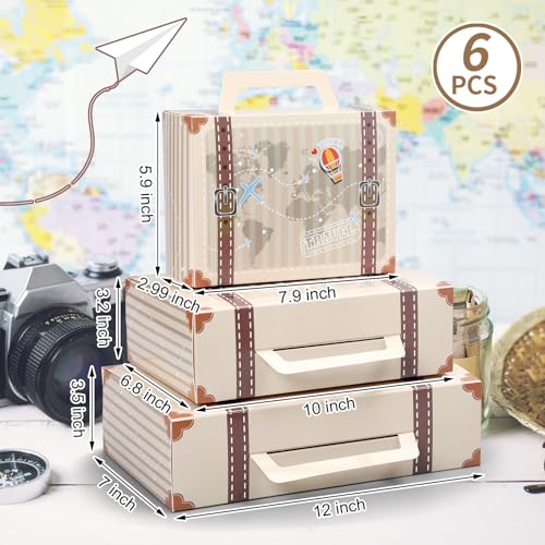 Weekgrat 6 Pcs Large Vintage Travel Suitcase Box Travel Party Decorations Paperboard Suitcases Gift Box Decorative Set of 3 Small Stackable Storage Chests Decor for Themed Party Favors(Journey,Beige) - Image 2