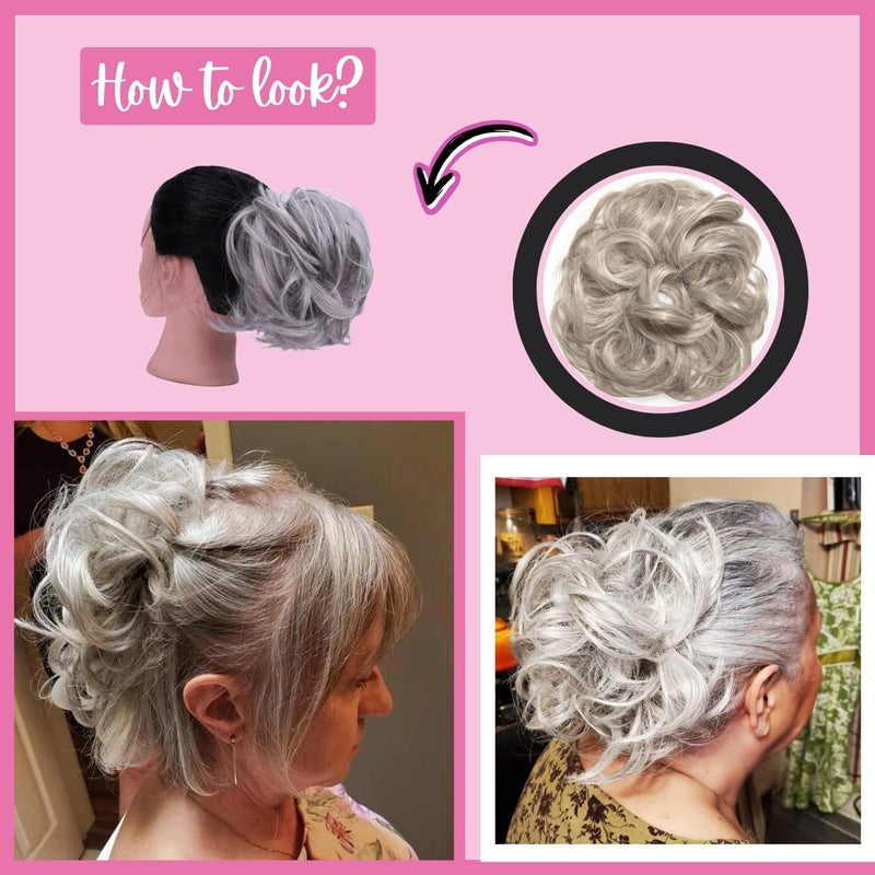 Juvabun Hair Extensions Silver Gray â€“ Soft Curly Hair Extensions Clip-In for Natural Volume & Quick Updo Styling Hair Bun Maker - Image 3