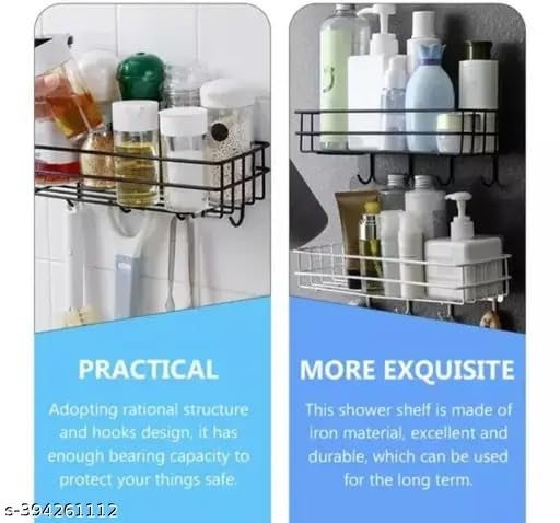 SPARSHMART Tina Bathroom Rack - Bathroom Shelves - Kitchen Storage - Self Adhesive Bathroom Shelf and Shampoo Holder with 4 Hook Adhesive Shower Caddy Metal Shelf  - Image 3