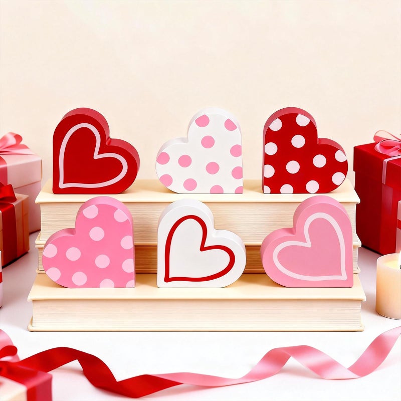 bomis 6 Pcs Valentines Day Wooden Hearts Signs, Valentine Tiered Tray Decor, Heart Shape Table Blocks Double Side Printed for Tiered Tray Home Table Sweetheart Shelf Mantel Office Valentine Decoration - Image 1