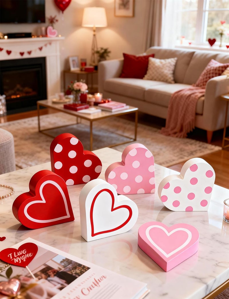 bomis 6 Pcs Valentines Day Wooden Hearts Signs, Valentine Tiered Tray Decor, Heart Shape Table Blocks Double Side Printed for Tiered Tray Home Table Sweetheart Shelf Mantel Office Valentine Decoration - Image 3