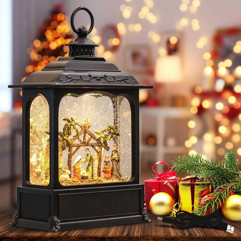 Wondise Christmas Musical Snow Globe Lantern with 6 Hour Timer 112 Inch USB Cord  Battery Operated Spinning Water Glitters Lighted Singing Snow Globe Lantern Christmas Nativity