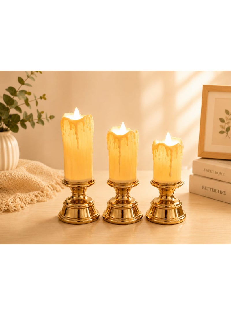 Set of 3 decorative LED candles with a gold base – warm, flameless lighting; candles in various sizes for home, bedroom, and events. - Image 1