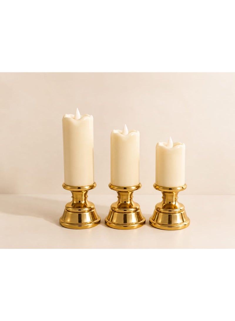 Set of 3 decorative LED candles with a gold base – warm, flameless lighting; candles in various sizes for home, bedroom, and events. - Image 3