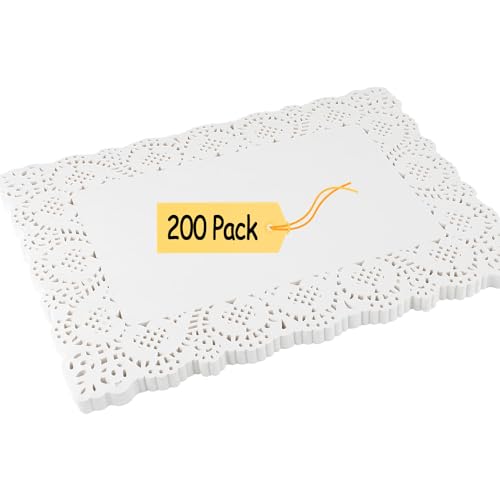 DECORA 200pcs White Rectangle Doilies Paper 14 X 10 Inches Lace Paper Placemats for Cake Desserts Disposable Table Covers Wedding Tableware Decoration