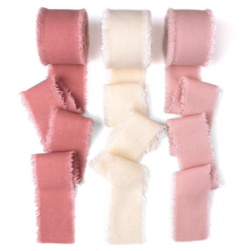 Mlurcu Coral Rose Pink  Ivory Cotton Linen Ribbon 15 x 21Yds Boho Vintage Rustic Ribbon Handmade Fringe Frayed Cloth Fabric Ribbon for Gift Wrapping Wedding Invitations Bridal Bouquets DIY Crafts