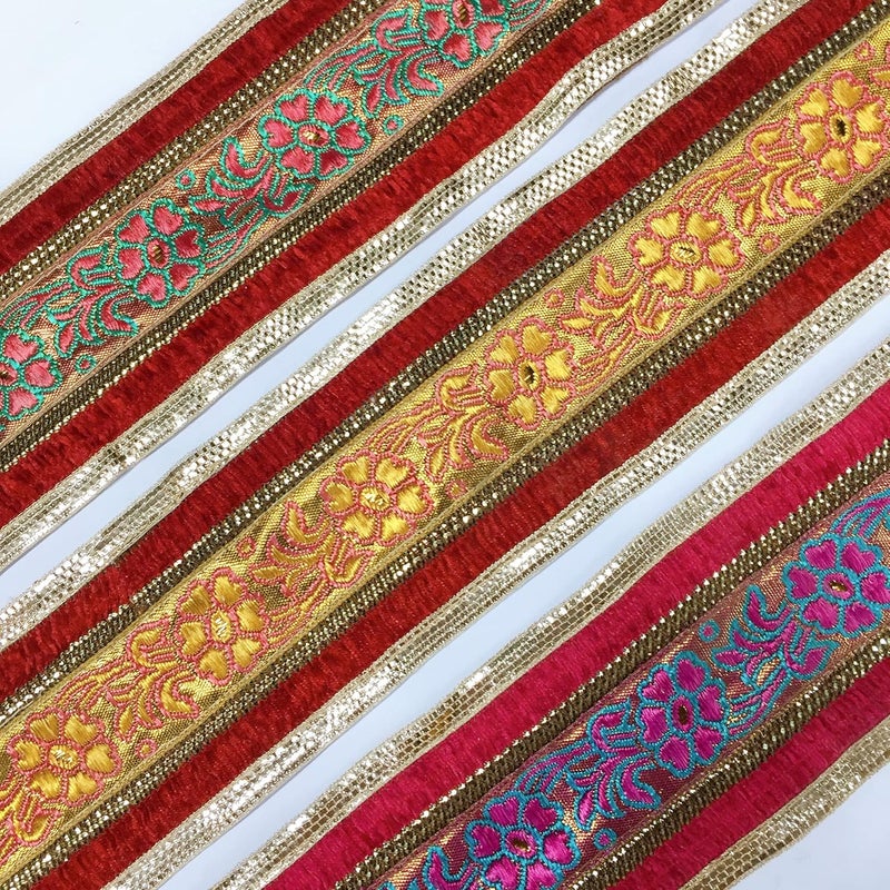 Lami 9 Meter Peach & Red with Golden Border Flower Design Weaving Work Lace with Golden Zari Work, Banarasi Saree Lace Border Trim, Bridal Lehenga Dupatta Suit Anarkali, Indian Fashion Accessories - Image 3