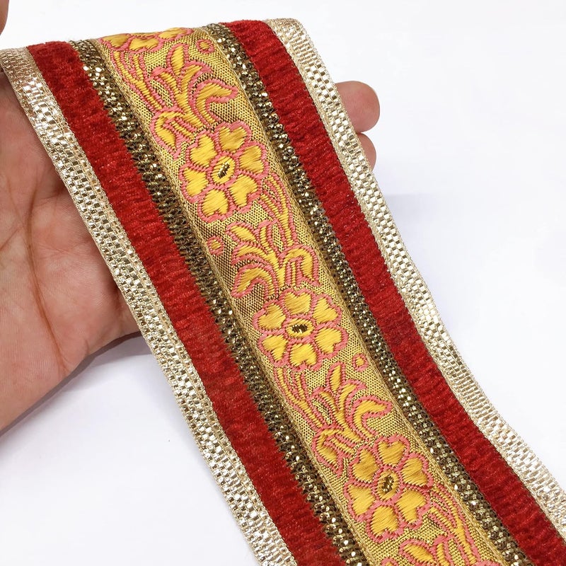 Lami 9 Meter Peach & Red with Golden Border Flower Design Weaving Work Lace with Golden Zari Work, Banarasi Saree Lace Border Trim, Bridal Lehenga Dupatta Suit Anarkali, Indian Fashion Accessories - Image 5