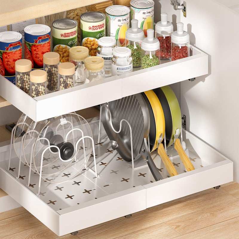 Delamu 16" Deep Pull Out Cabinet Organizer with 6 Dividers, Expandable (11.7 "-20" W) Pull Out Drawers for Cabinets, Cabinet Trays Pull Out for Cabinets in Kitchen, Pantry or Bathroom, White, 2 Pack - Image 1