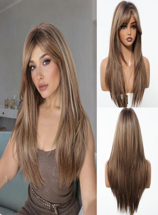 Allbell Light Brown Wig with Bangs Long Straight Layered Wigs for Women Heat Resistant Synthetic Hair for Daily Use Cosplay 24IN - Image 1