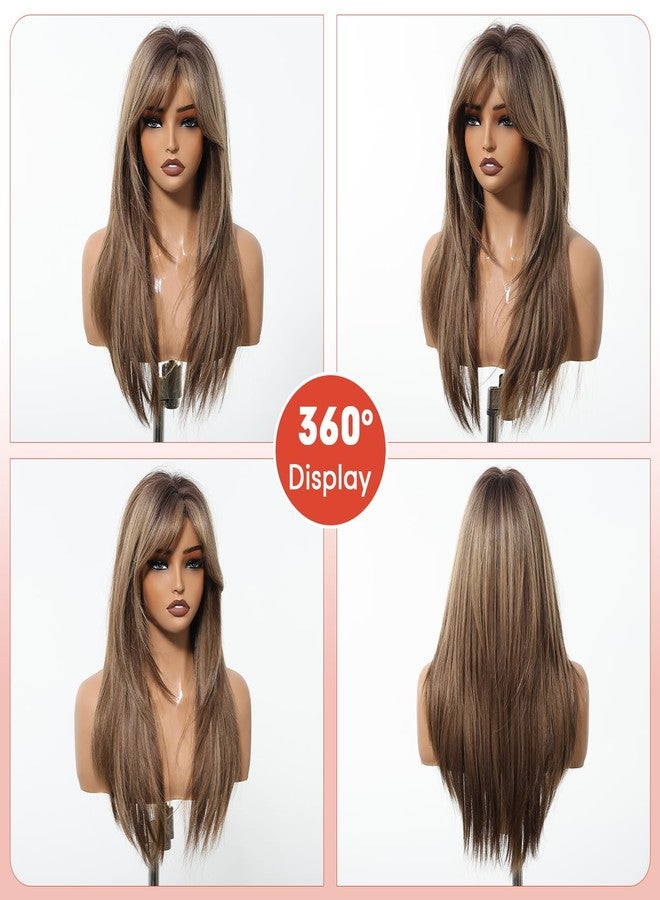 Allbell Light Brown Wig with Bangs Long Straight Layered Wigs for Women Heat Resistant Synthetic Hair for Daily Use Cosplay 24IN - Image 5