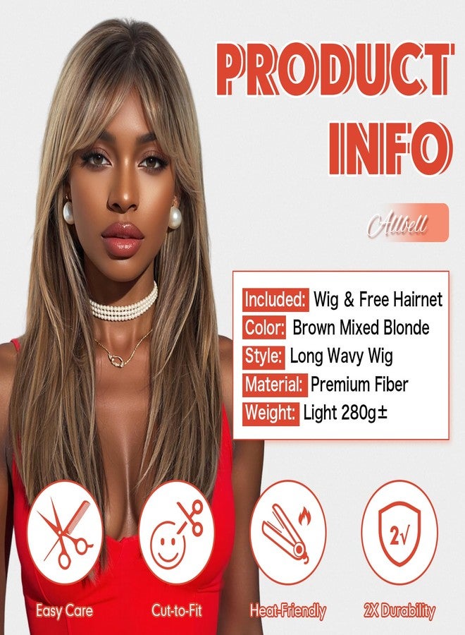 Allbell Light Brown Wig with Bangs Long Straight Layered Wigs for Women Heat Resistant Synthetic Hair for Daily Use Cosplay 24IN - Image 2