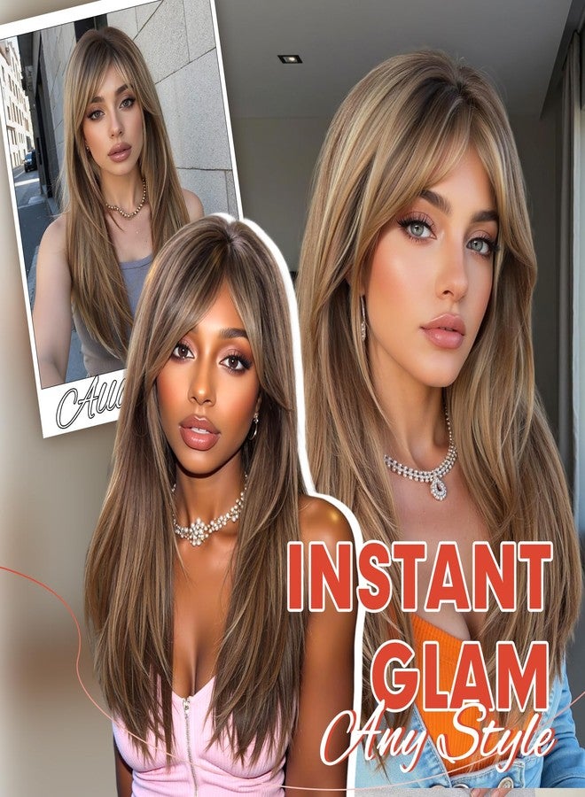 Allbell Light Brown Wig with Bangs Long Straight Layered Wigs for Women Heat Resistant Synthetic Hair for Daily Use Cosplay 24IN - Image 3