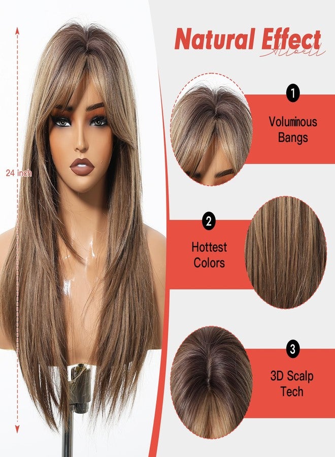 Allbell Light Brown Wig with Bangs Long Straight Layered Wigs for Women Heat Resistant Synthetic Hair for Daily Use Cosplay 24IN - Image 4