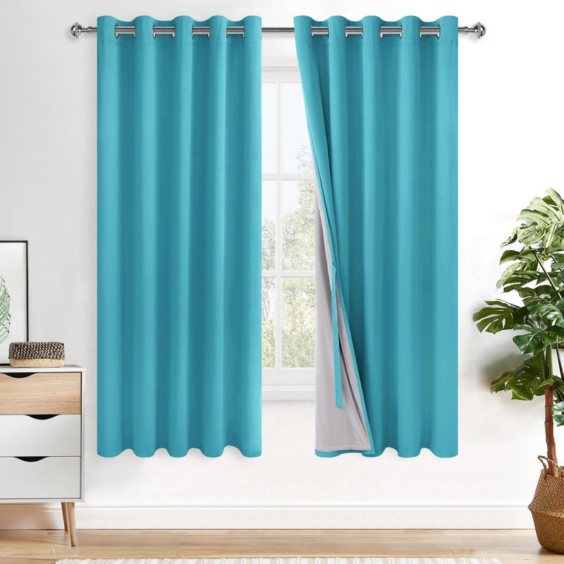 XWZO 100% Blackout Curtains 63 Inches Length with Tiebacks - Heat and Light Blocking Ring Top Window Drapes with Black Liner Backing for Bedroom/Kid's Room  Turquoise  W60 x L63  Set of 2 Panels - Image 1