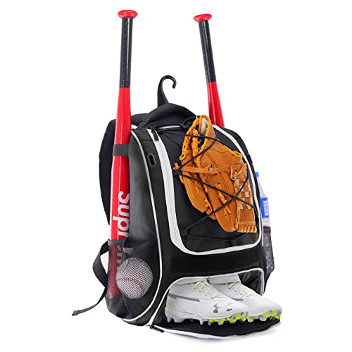 WOLT | Youth Baseball Backpack Bag for Baseball, Softball & T-Ball Equipment & Gear, Youth Boys and Adults, with Holder for Bat, Helmet, Glove, & Shoes Compartment & Fence Hook (Black) - Image 1